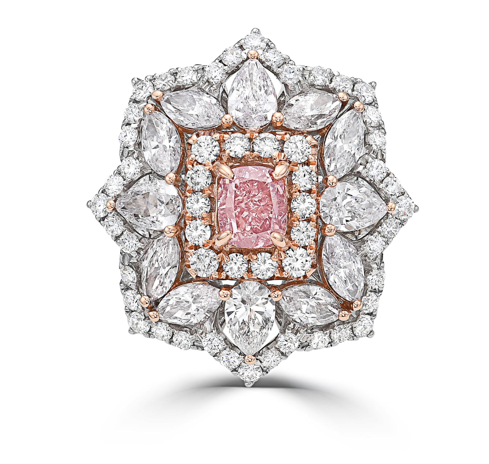 Fancy Brownish Pink Diamond Cushion Cut. 18K 2 Tone Gold Ring