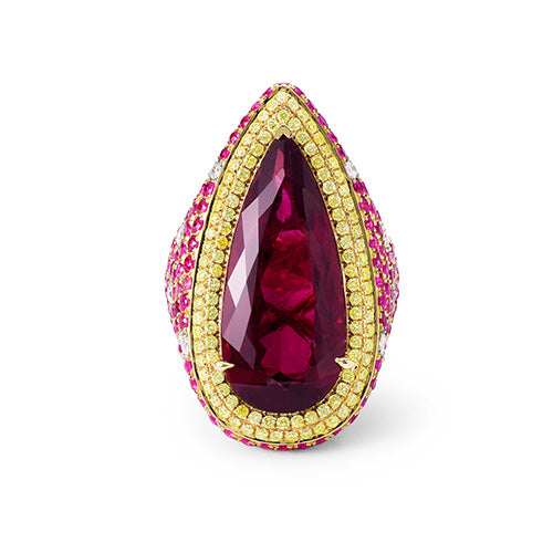 Rubellite Tourmaline And Sapphire And Diamond, 18K Yellow Gold Ring