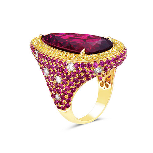 Rubellite Tourmaline And Sapphire And Diamond, 18K Yellow Gold Ring